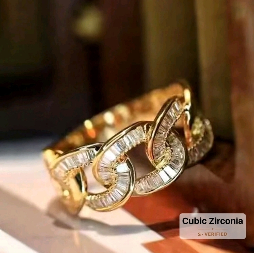 Baguette Pave Rope Cubin 18K Gold Plated Cubic Zirconia Ring Sz 7